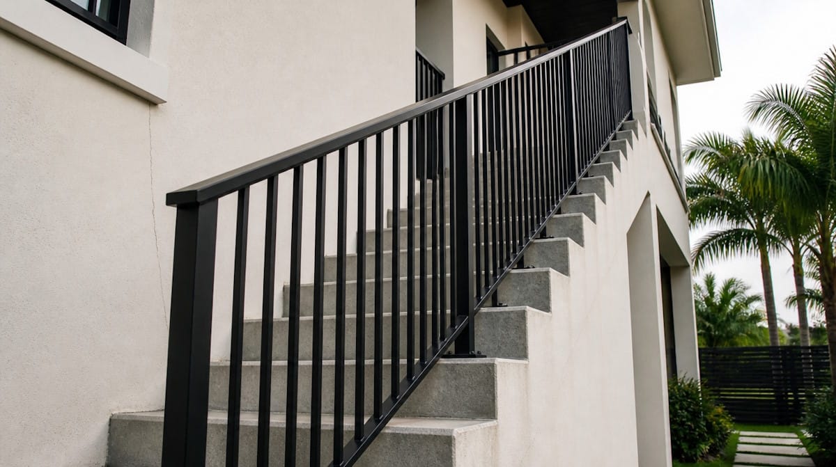 Black powder-coated aluminum handrail on exterior concrete entry stairs