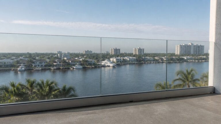 Frameless glass balcony railing overlooking the Intracoastal Waterway