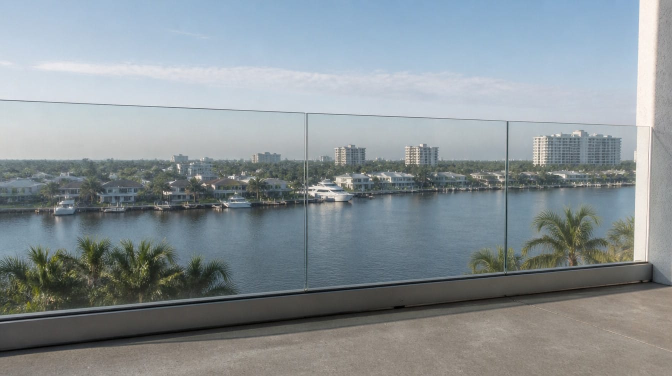 Frameless glass balcony railing overlooking the Intracoastal Waterway