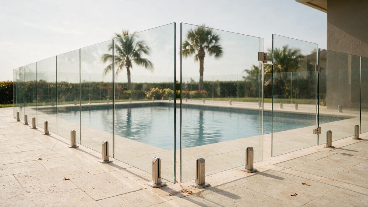 Frameless glass pool fence meeting Florida's 48-inch pool barrier requirement on a travertine deck