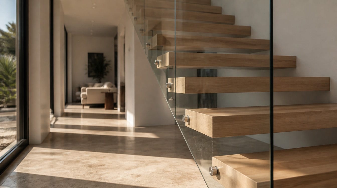 Frameless glass stair railing with a graspable stainless handrail meeting Florida stair code